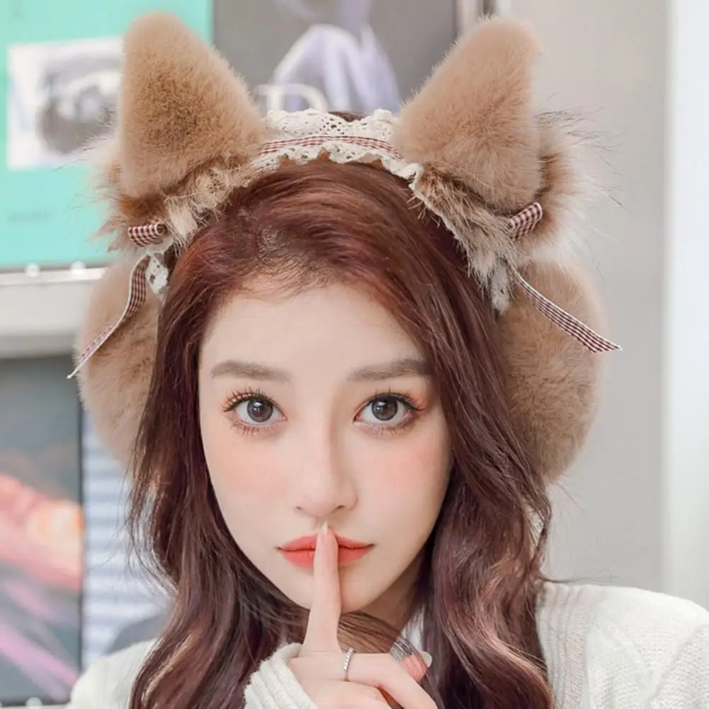 접이식 플러시 고양이 귀 모양 귀마개, 단색 로리타 스타일, 보온 유지, 미끄럼 방지 인조 모피, 겨울 귀 커버, 겨울 물건