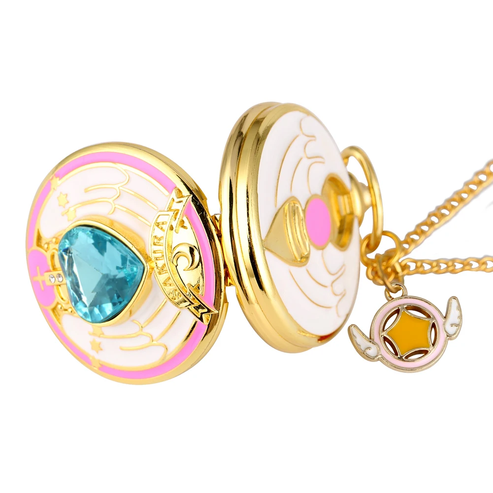 Heart Shaped Pink/Purple/Blue Stone Gold Quartz Necklace Watches Anime Student Girl Gift Elegant Charm Pendant Pocket Clock