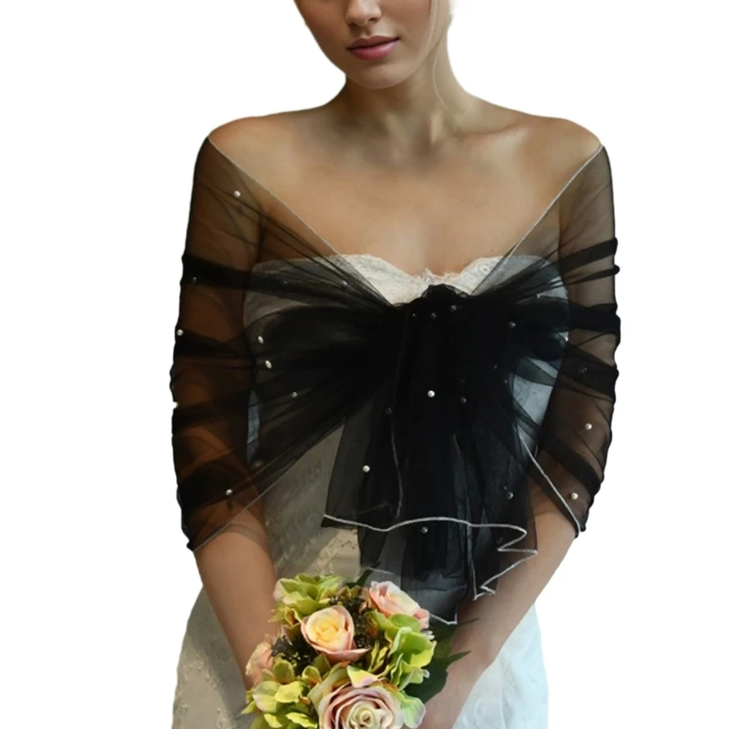 

Graceful Tulle Shawl for Special Event Wrap Sheer Shawl Decoration Supplies Bride Tulle Shawl Scarf with Pearls Bead