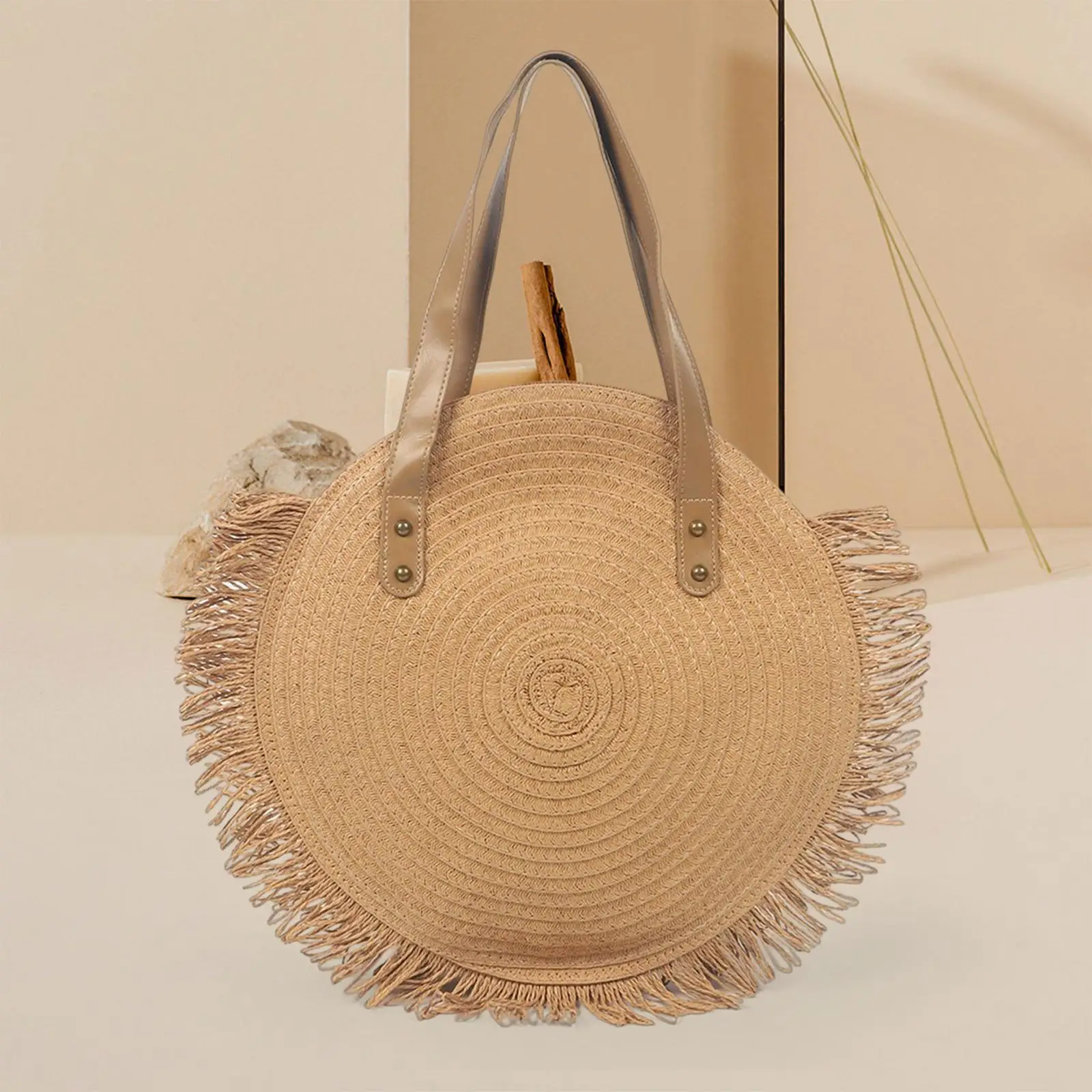 Ladies Women Round Straw Bag Handbag with Zipper Shoulder Bag for Summer