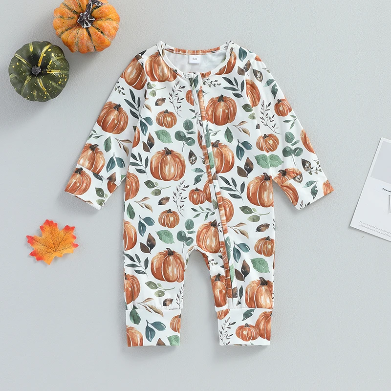 

BeQeuewll Baby Girls Casual Autumn New Style Crewneck Romper Long Sleeve Leaf Pumpkin Print Oblique Zipper Halloween Clothes