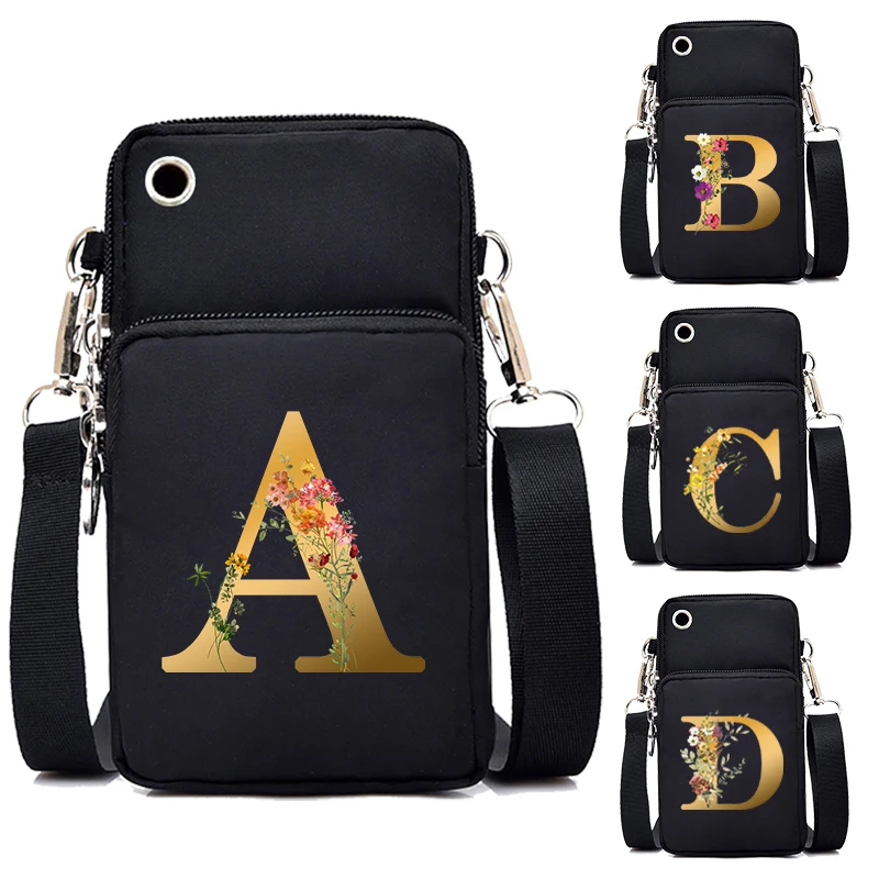 

Golden Floral 26 Alphabet Mini Mobile Phone Bag Female Shoulder Arm Bags Fashion Key Lipstick Tote Bag Women Purses and Handbags