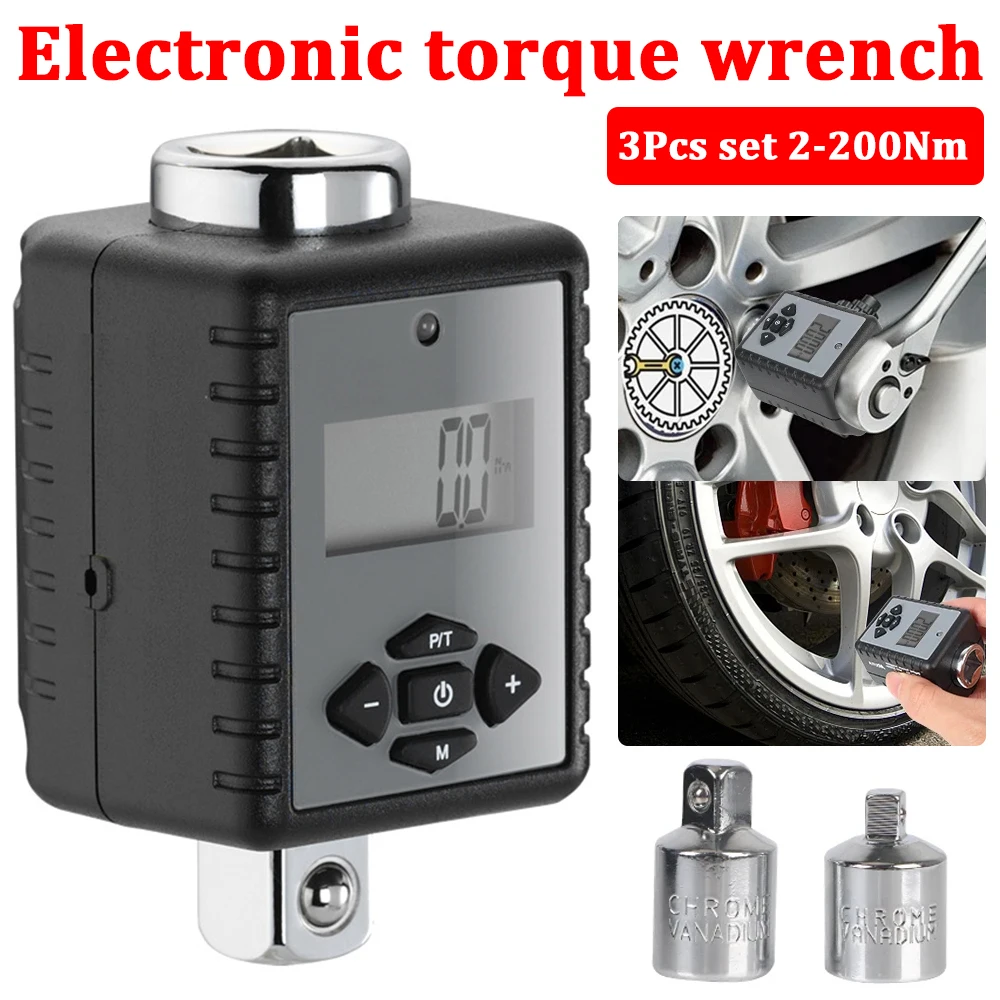 

Digital Torque Wrench 3PCS Set 1/2" 2- 200Nm Adjustable Professional Electronic Torque Wrench Kit for Bike Car Repair
