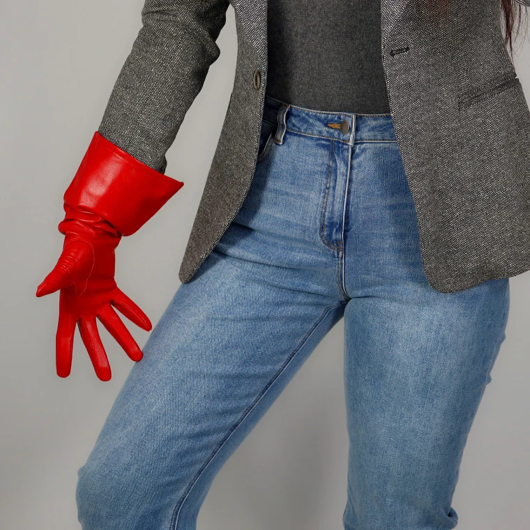 REAL LEATHER TECH LONG GLOVES Unisex Brown 38cm Wide Balloon Puff Sleeves Large LLDLLNT