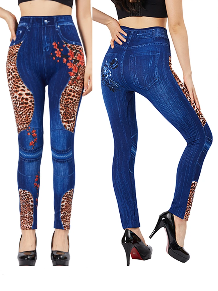 

CUHAKCI Leopard Plum Blossom Print Fake Jeggings Women Slim Fit Pencil Pants Stretch Blue False Jeans Imitation Denim Leggings