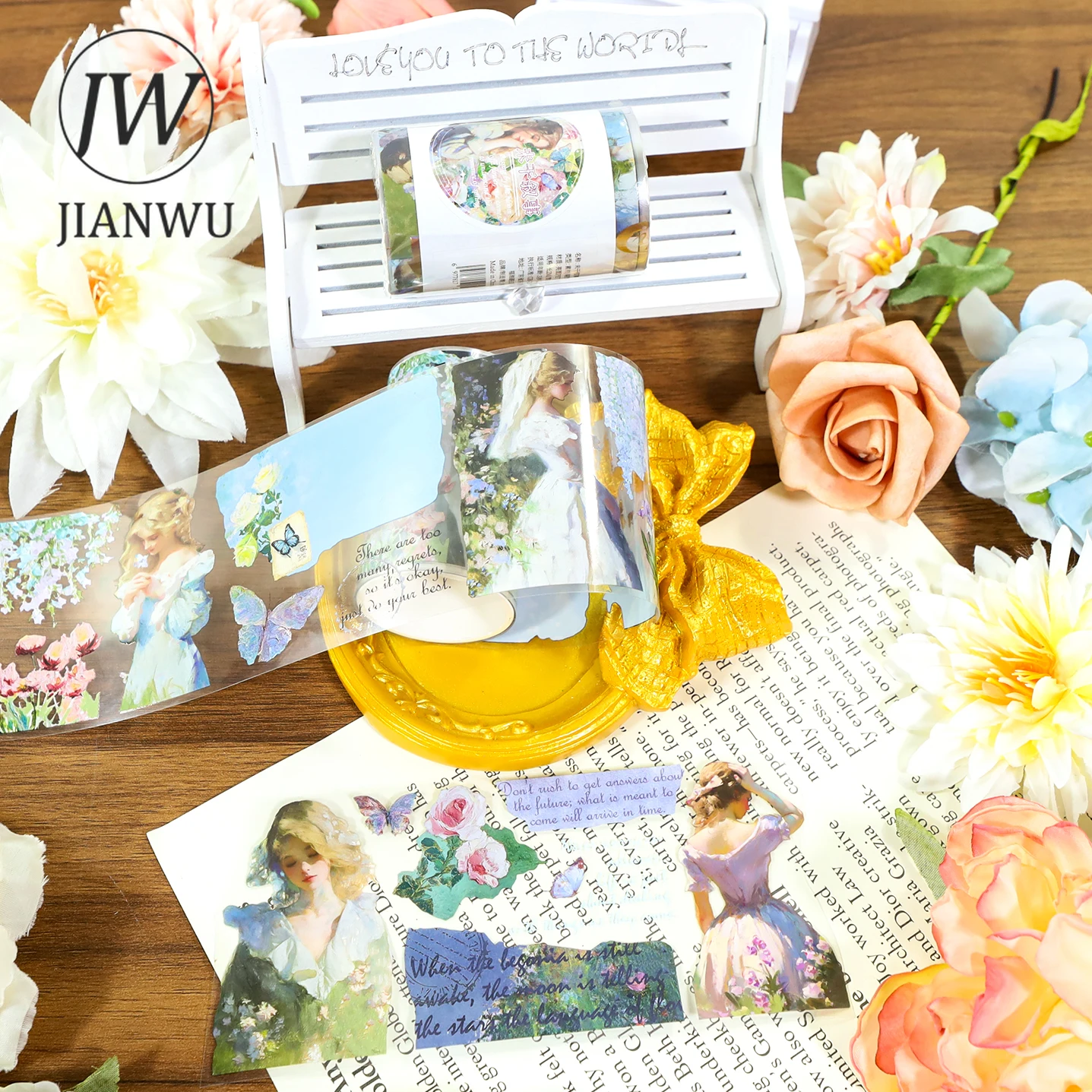 JIANWU60mm*200cm 빈티지 나비 꽃 캐릭터 풍경 소재 콜라주 스크랩북 PET 테이프 크리에이티브 저널 문구