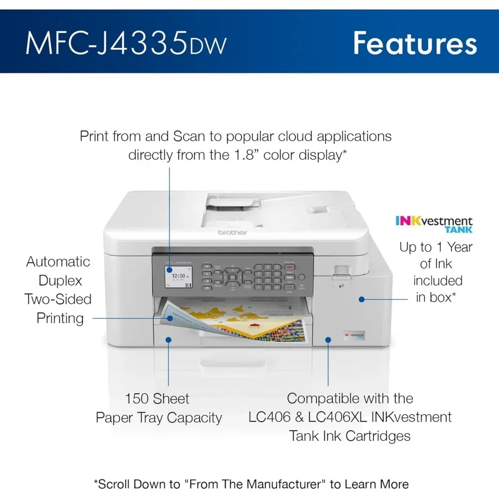 MFC-J4335DW INKvestment Tank All-in-One Printer with Duplex and Wireless Printing Plus Up to 1-Year of Ink in-Box