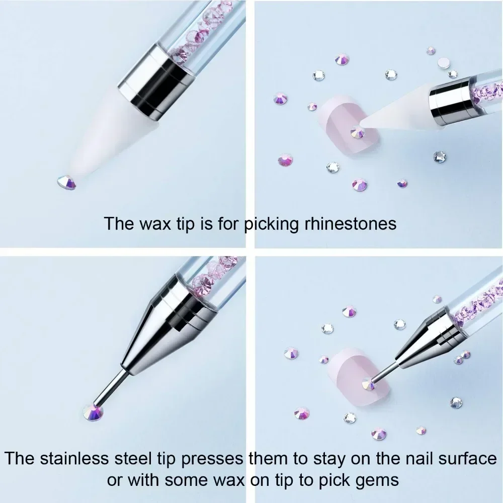 1Pc Art White Dual-head Wax Pen with Diamante Embellishment and Rhinestone Picker, Crystal Rhinestone Applicator Manicure Tool 4