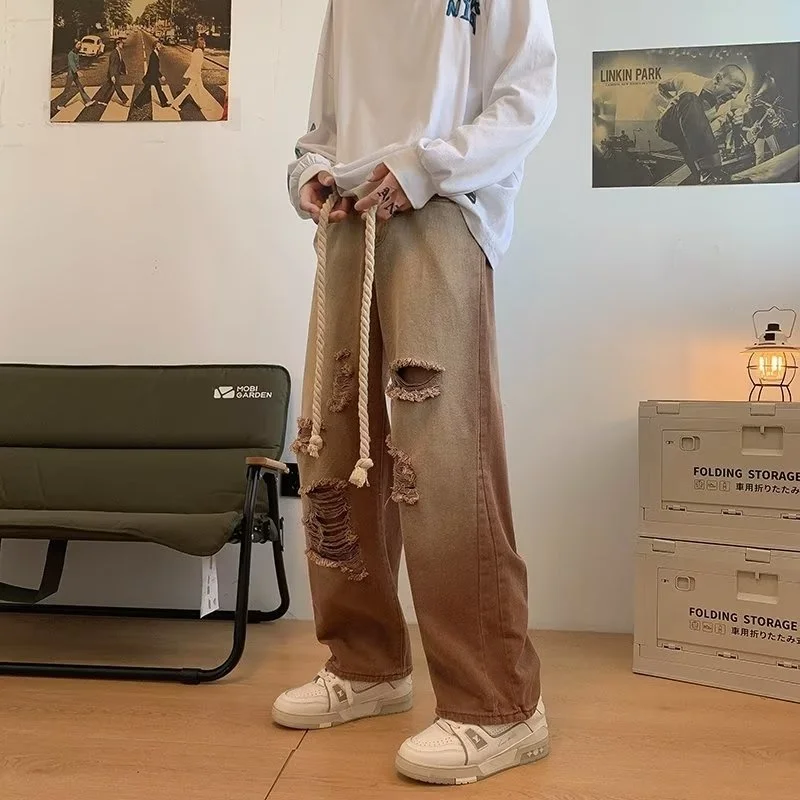 

Hybskr Loose Spring Casual Worn Out Hemp Rope Jeans For Men High Street Fashion Design Straight Denim Pants Male Casual Trousers