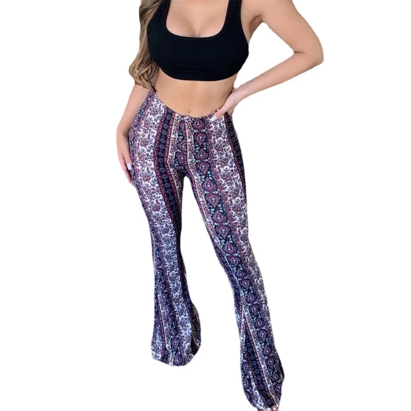Women Print High Elastic Tight High Waist Pants Boho Flare Pants Spring Thin Straight Retro Yoga Skinny Trousers Y2k Streetwear