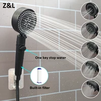 5 Modes Shower Head Black Silver 360 Degrees Rotating High Pressure Sprayer Nozzle Filter Bathroom Shower heads with Stop Button 1