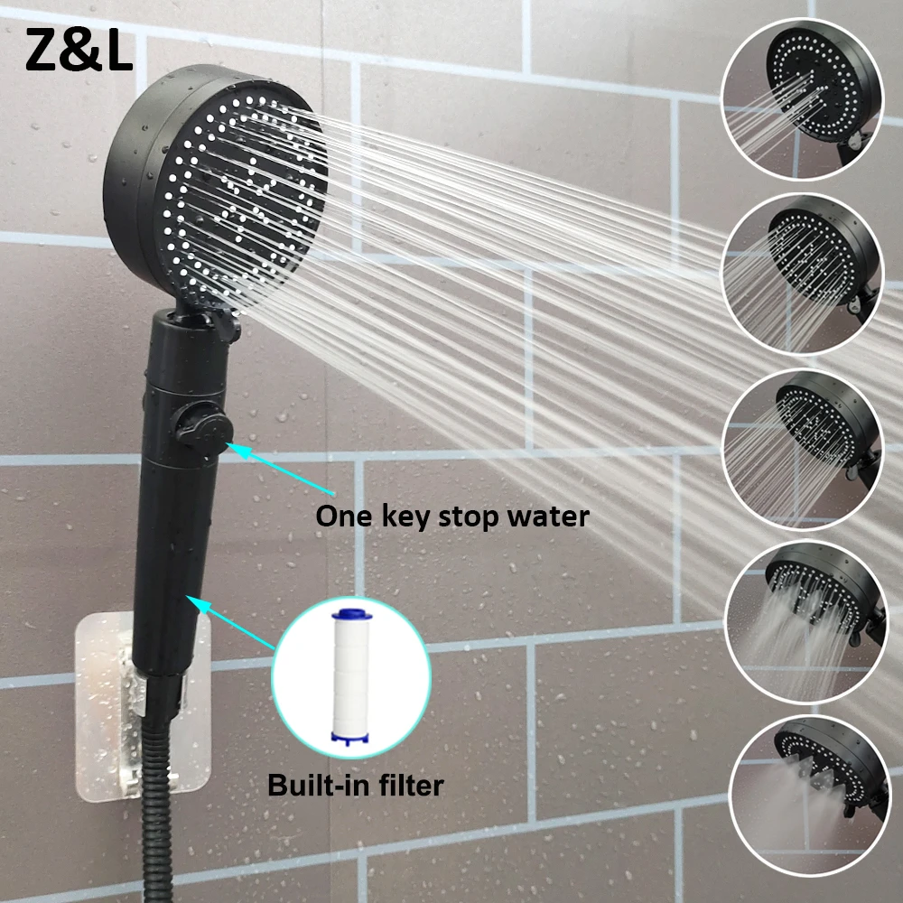 5 Modes Shower Head Black Silver 360 Degrees Rotating High Pressure