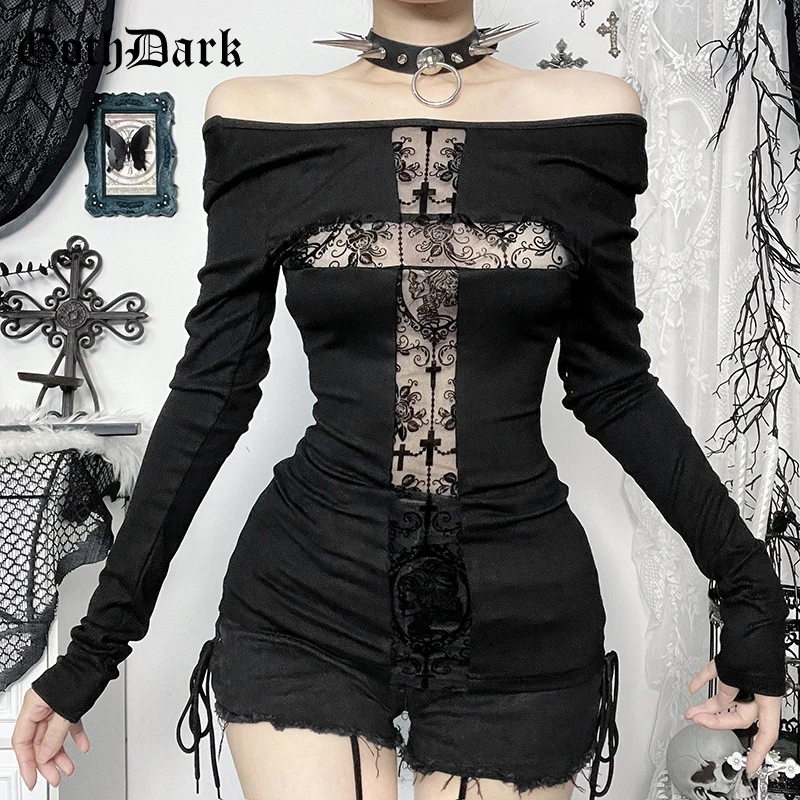 Goth Dark Sexy Lace Patchwork Cross Long Sleeve Pulloves T-shirts