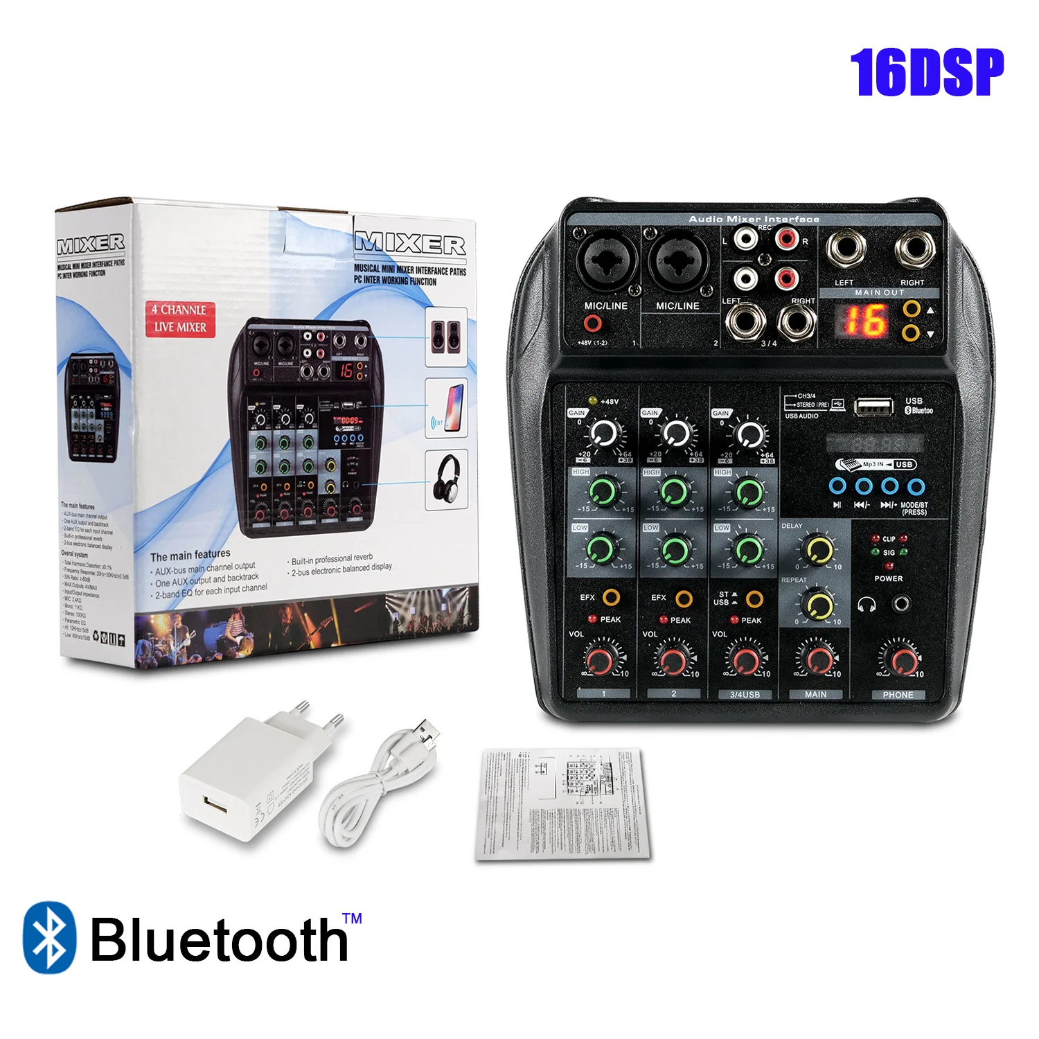 

New 4 channel Mixer Audio USB Bluetooth Sound Table Mixing Console Record Computer Delay Repaeat Effect Adapter 48V Phantom