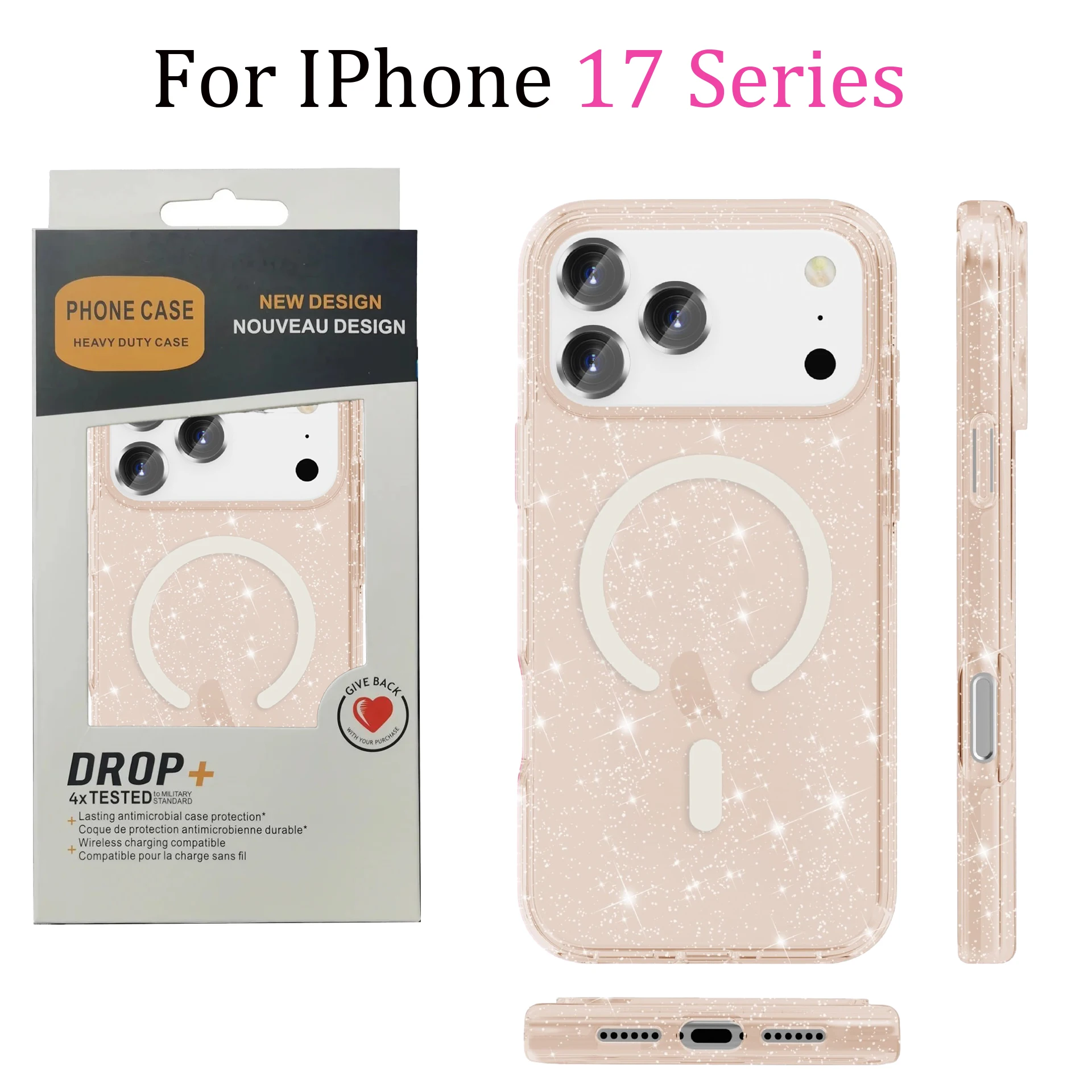 Glitter Transparent Shockproof Armor Case with Wireless Charging Compatibility