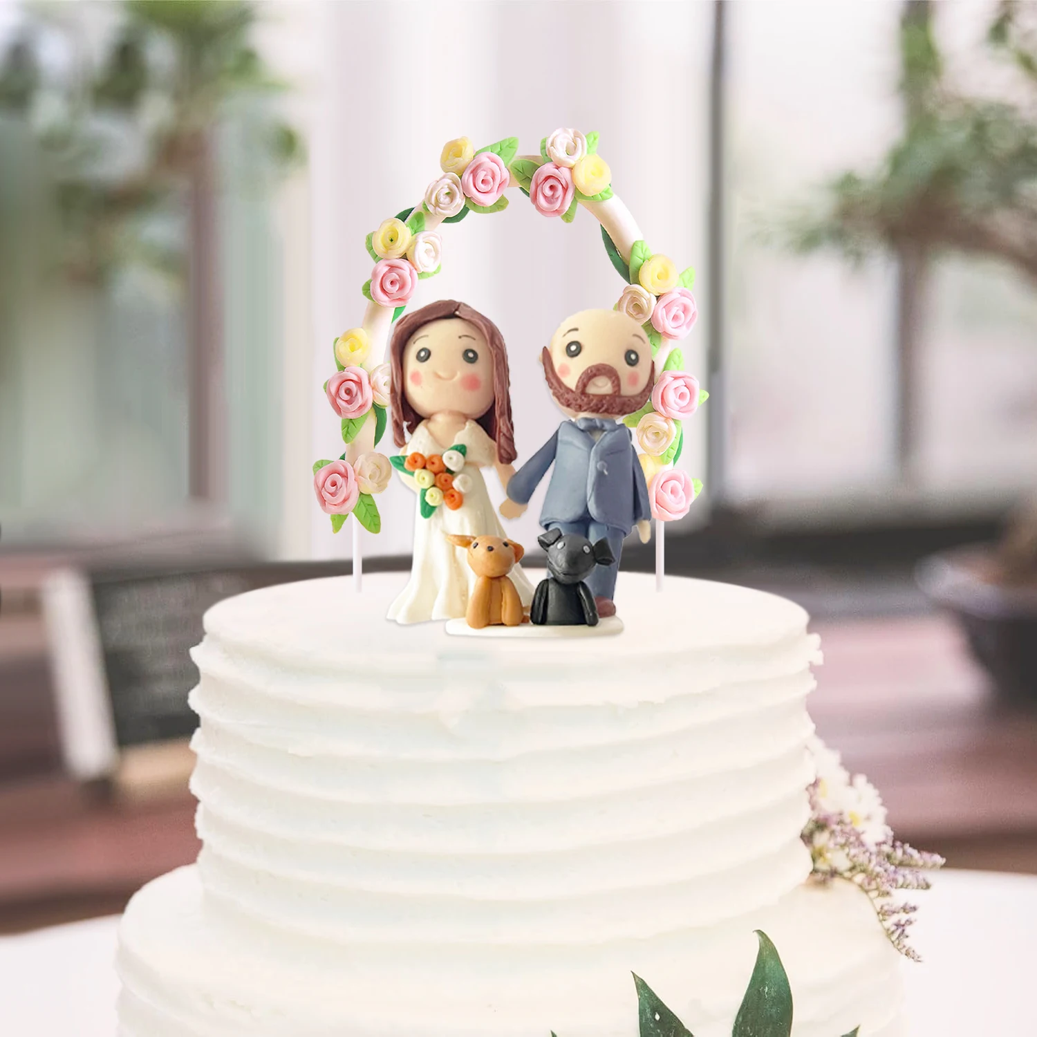 Hochzeit Dekor Ornamente Braut und Bräutigam Figur Rose Bögen Valentinstag Kuchen Dekor Handwerk Harz Dessert Topper Puppe Liebhaber – Detail 1