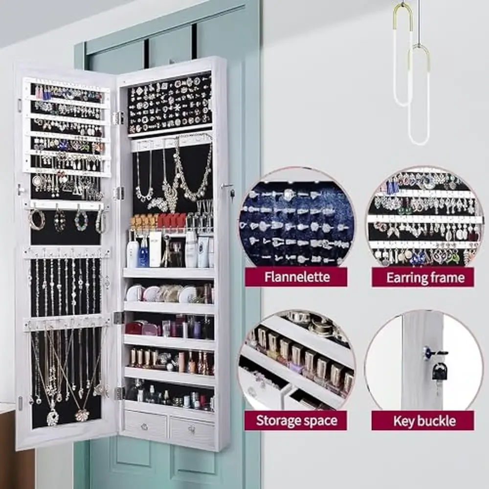 LED Lighted Wall-Mounted Jewelry Armoire Cabinet Organizer with Full-Length Mirror White Wood Storage Solution 3