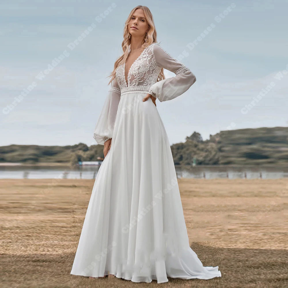 A-Line Women Wedding Dresses Sexy Deep-V Neck Long Sleeves Bride Gowns Elegant Bridesmaid Attire Vestidos De Noivas Customized 4