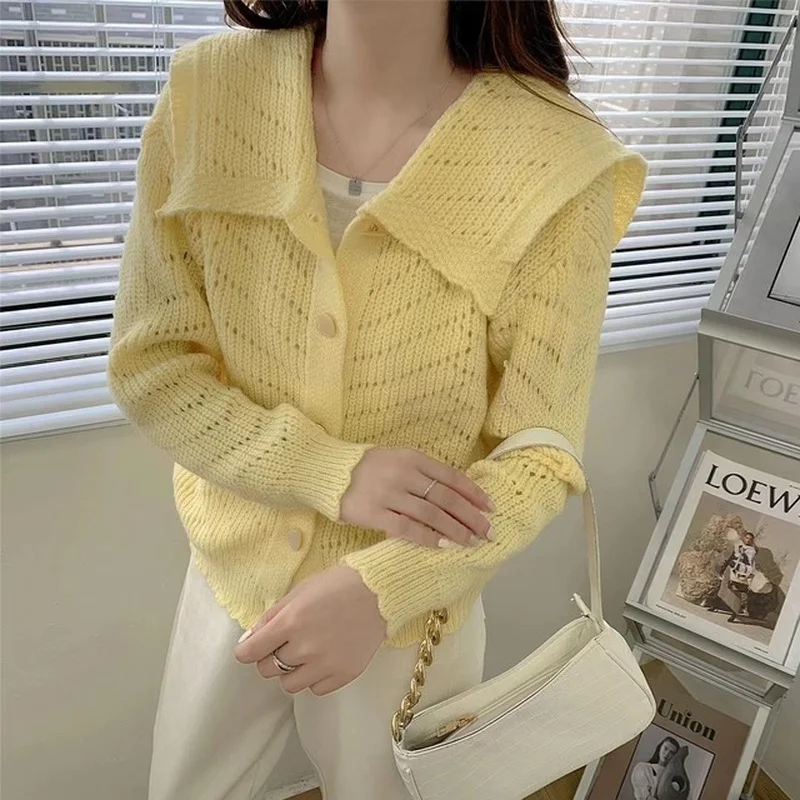 

2024 Women Vintage Yellow Cardigan Knitted Sweater Pink Fashion Sweet Girl Button Lapel Collar Long Sleeve Casual Outerwear Tops