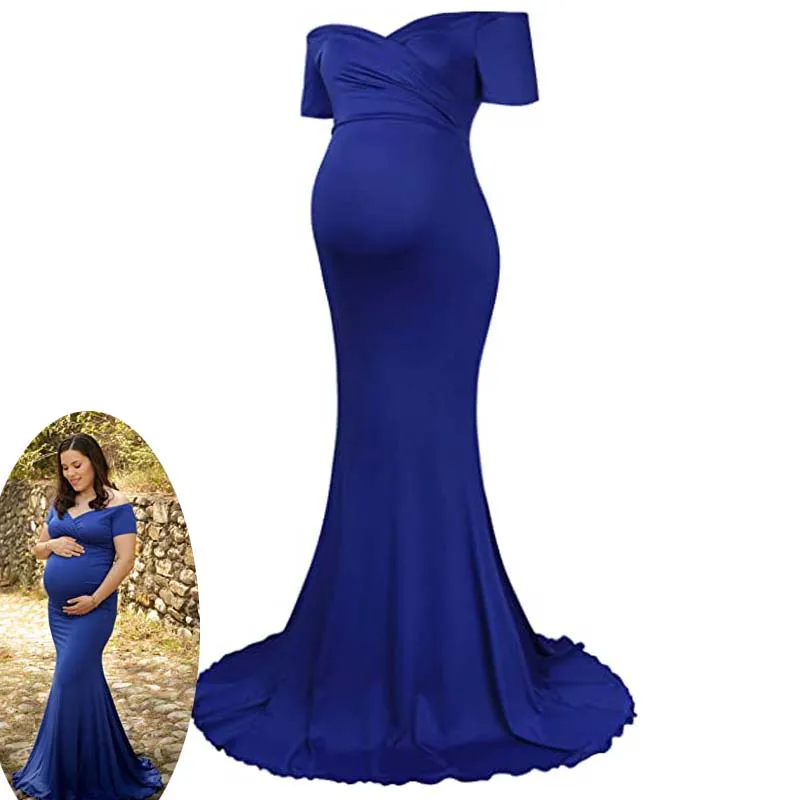 

Cotton Omfortable Ruffle Maternity Long Dress Off Shoulder Elegant Fitted Gown Stretchy Maxi Photography Dress