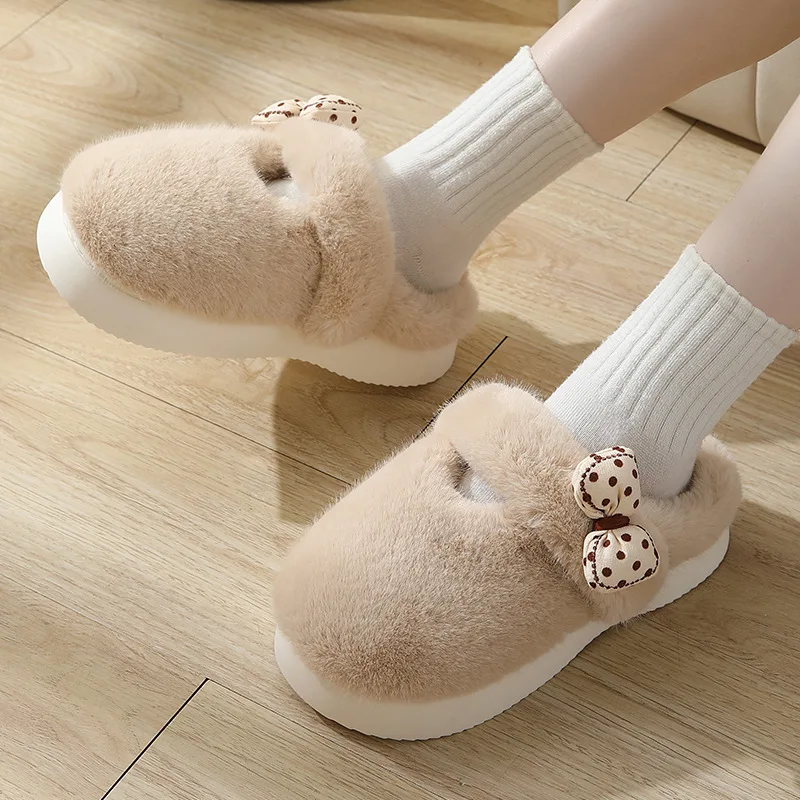 

Winter Women's Plush Slippers EVA Sole Home Cotton Shoes Outdoor Platform Warm Snow Boots Sweet Round Toe Bowknot Furry Slippers