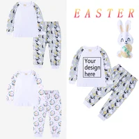 2025 Easter Pyjamas Kids Rabbit Eggs Bunny Sets Long Sleeve Top+Pants Pajamas Children Ribbon Homewear Clothes 2Pcs Toddler Suit 1