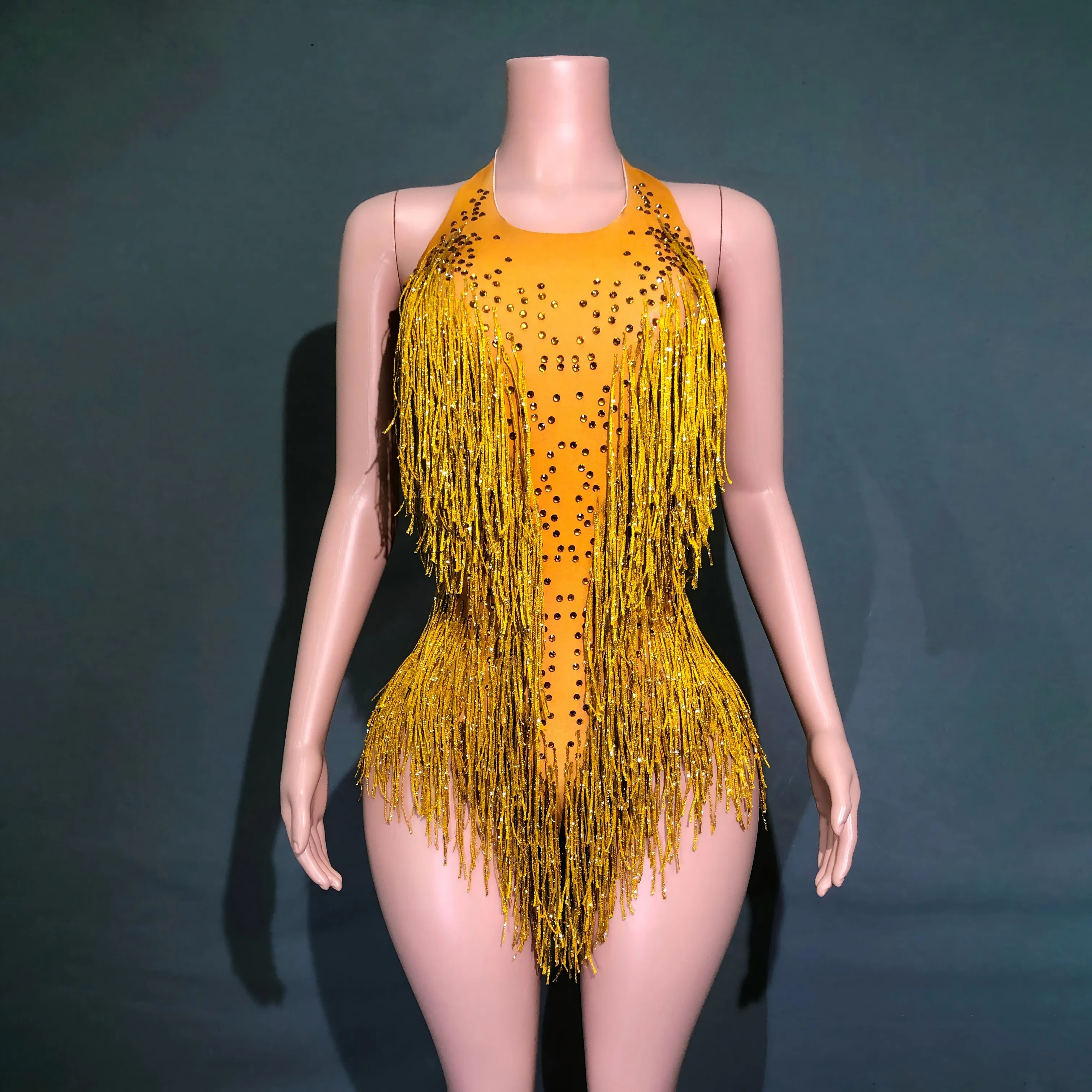 thumbnail image 2 of Sparkly Gold Rhinestone Bodysuit - Latin Dance Club Wear With Crystal Fringe 2 of 14