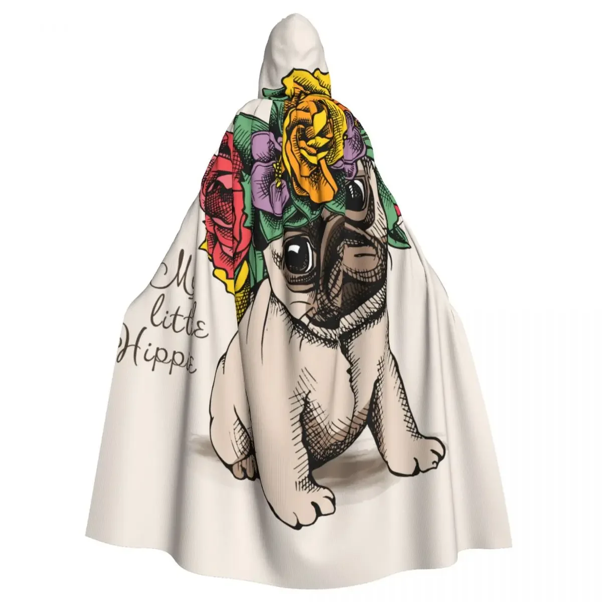 

Adult Cloak Hippie Pug Puppy In A Floral Head Wreath Cape Hooded Medieval Costume Witch Wicca Vampire Elf Purim Carnival Party