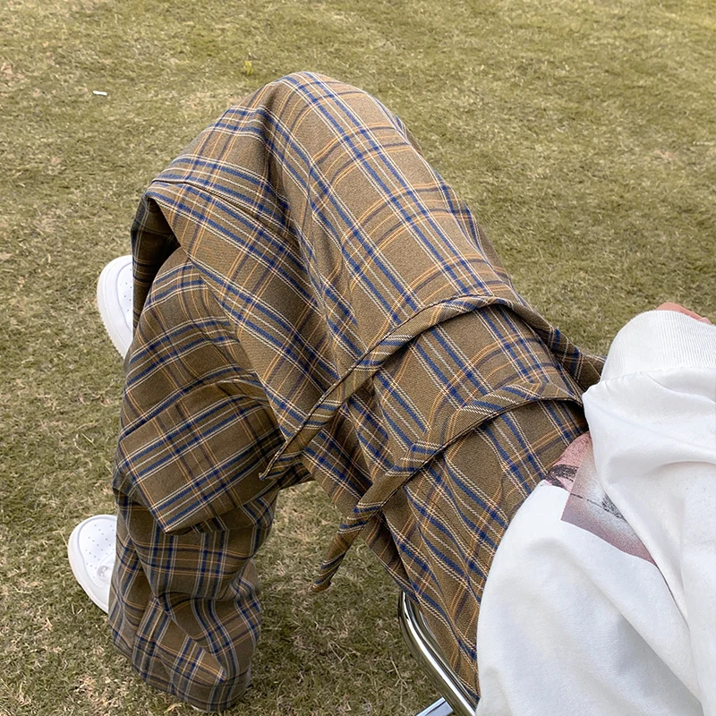 

Spring and Autumn Plaid Straight Pants Women Casual All-match High Street American Handsome Teens Japanese Style Mop Long Pants
