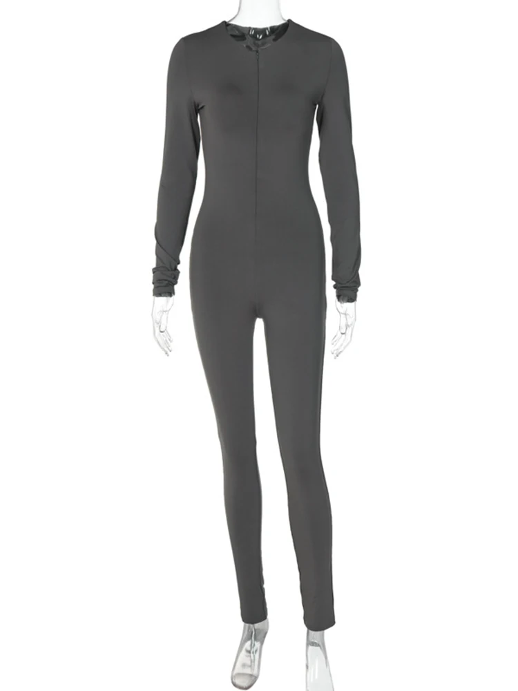 Sibybo Stylish Women's Romper Solid Color Slim-fit Long-sleeved Jumpsuit Fall O-neck Zip-up Hip Lift Pants Women's Clothing