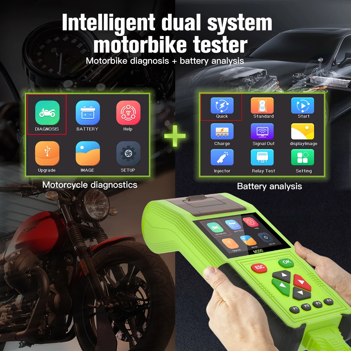 JDiag M200 Full Sets EFI Motorcycle Diagnostic OBD2 Code Scanner 12V 24V Battery Cranking Charging Tester 3.2 Inch Color Screen