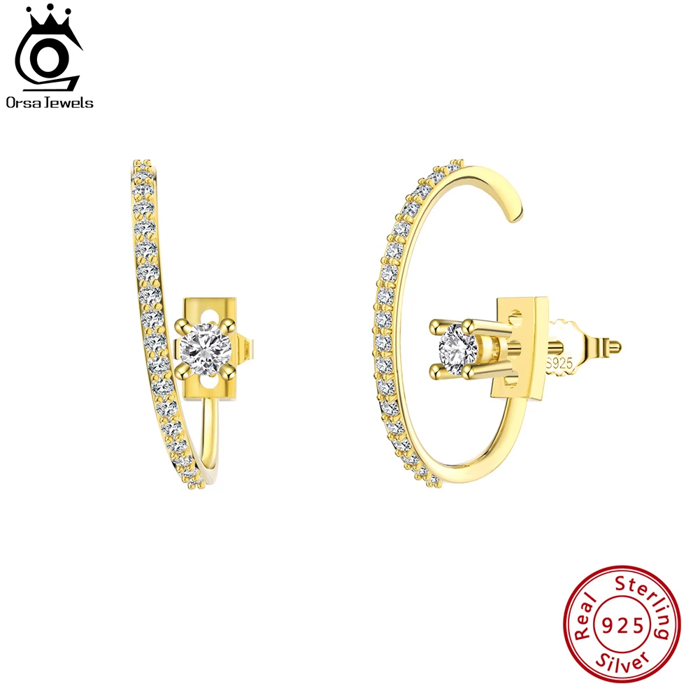 

ORSA JEWELS 14K Gold CZ Huggies Earrings for Women 925 Sterling Silver Clear Dainty Hoop Half Earrings Anniversary Gift SE387