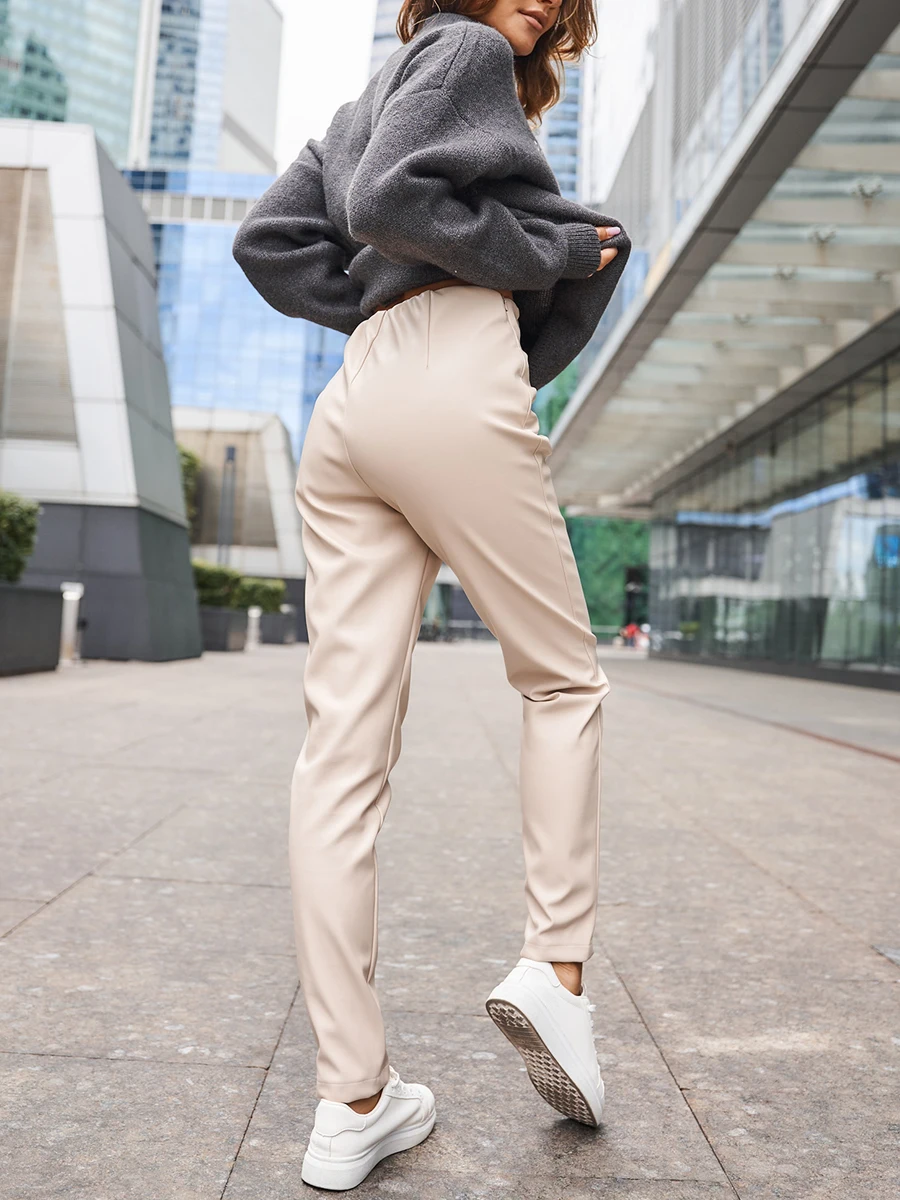Winter Women's Leather Pants Black Slim Zipper Casual Leather Trousers Pencil Thick Brown Pu Faux Leather Pants for Women 2025