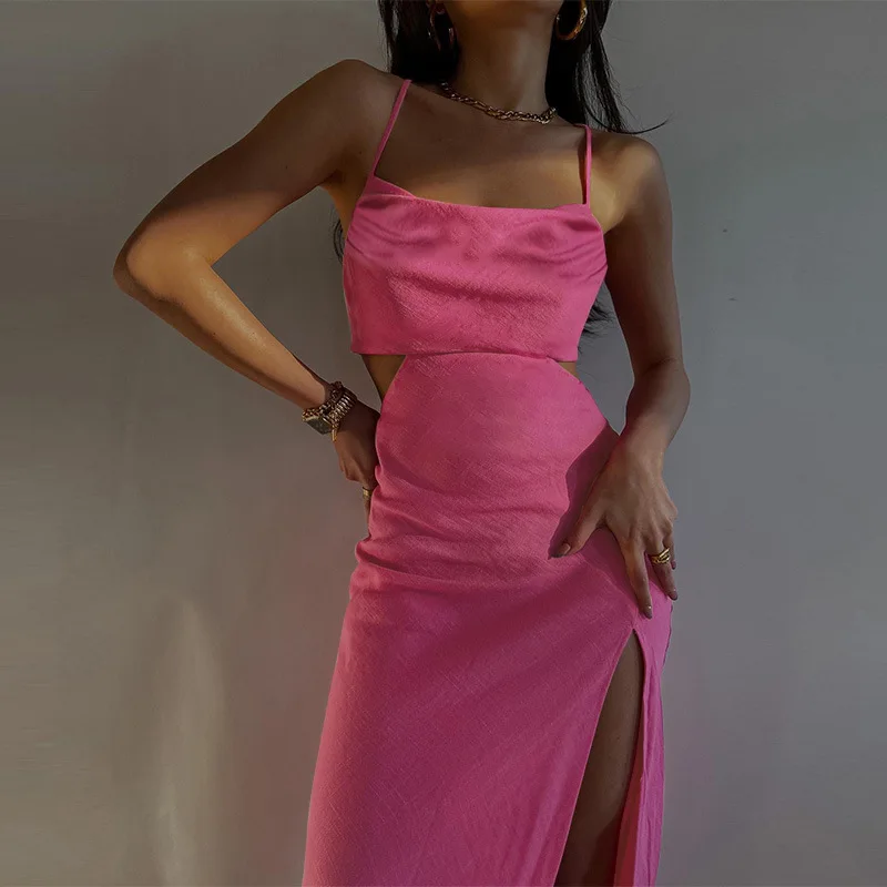 

European and American Summer New Style Pocket Collar Open Back Strappy Sling Slit Sexy Temperament Dress Summer Dress