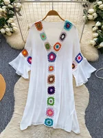 SINGREINY Embroidery Bohemian Dress Summer Female V Neck Flared Sleeve Colorful Pattern Hook Flower Hollow Beach Holiday Dresses