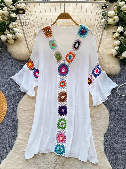 SINGREINY Embroidery Bohemian Dress Summer Female V Neck Flared Sleeve Colorful Pattern Hook Flower Hollow Beach Holiday Dresses 1