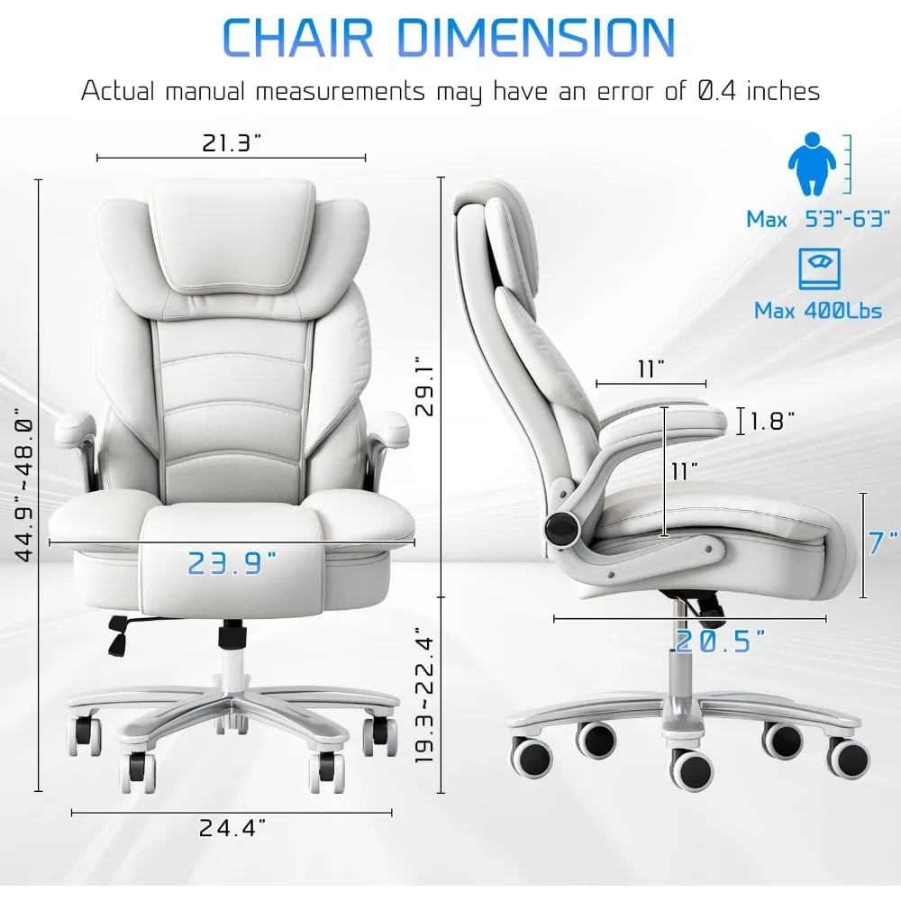 Big and Tall Office Chair 400lb Wide Seat, High Back Leather Executive Office Chair with Flip-up Arms, Ergonomic Desk Chairs 6