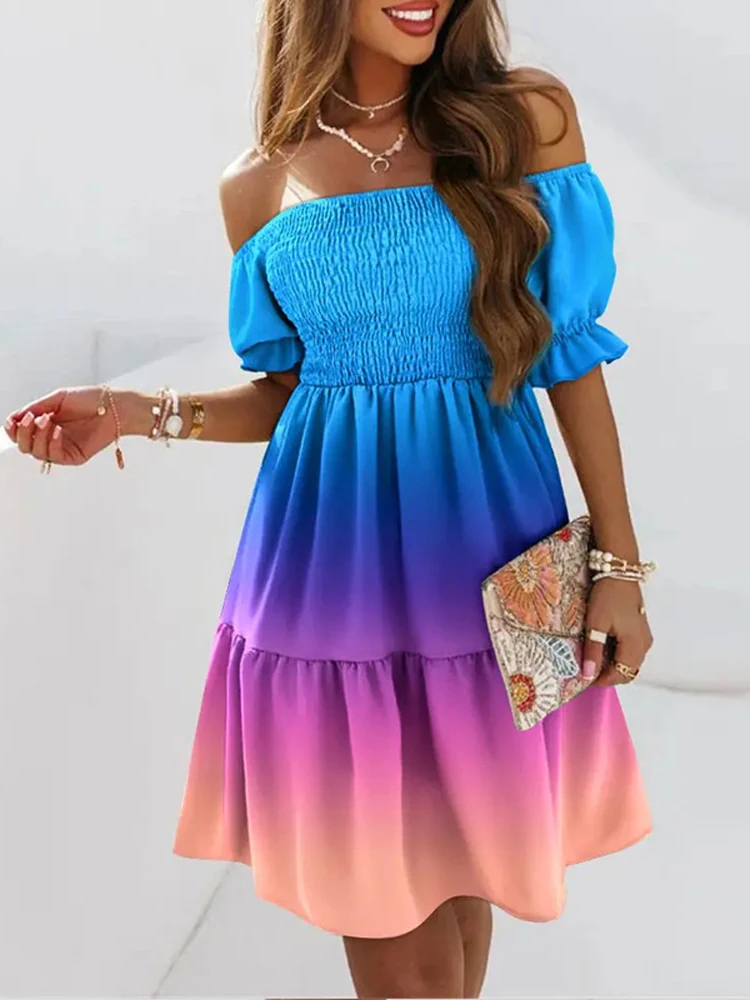 

Sexy Off Shoulder Short Sleeve Pleated Mini Dress Women Nice Summer Loose Bohemian Print Party Dresses For Women Robe Femme