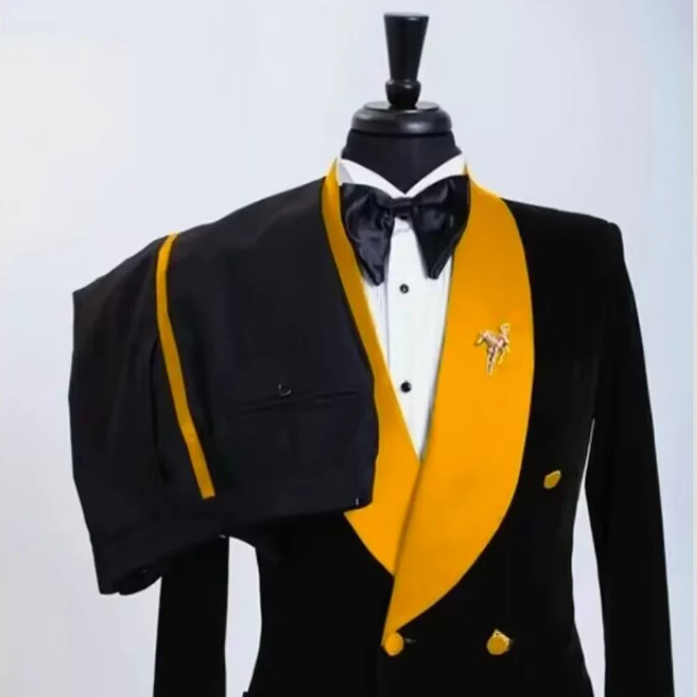 2023 New Men's Suit Set Fashion Shawl Lapel Double Breasted 2-Piece Wedding Groom Party Dinner Concert Tuxedo Blazer Pants
