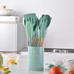 Premium 12 - Piece Silicone Utensil Set with Wooden Handles - Non - Stick Kitchen Cooking Tools (Green)