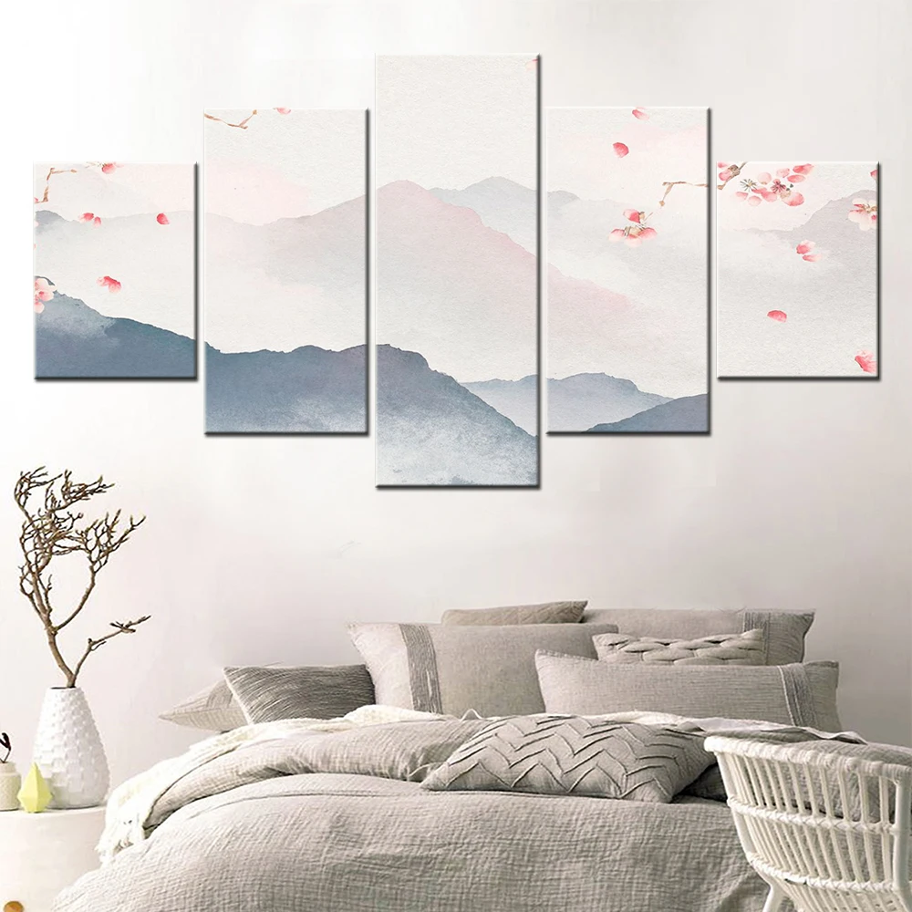 

5 Pieces Canvas Wall Arts Illustrated Landscape Hazy Hills Cherry Trees Poster Modern Home Decor Modular Picture Living Room