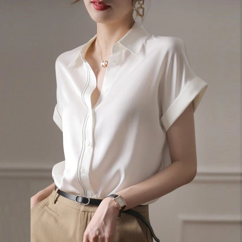 

Шелковая атласная блузка, женские топы, летняя белая рубашка с коротким рукавом, Элегантная Модная Свободная рубашка, Офисная Женская свободная одежда, блузы 22126