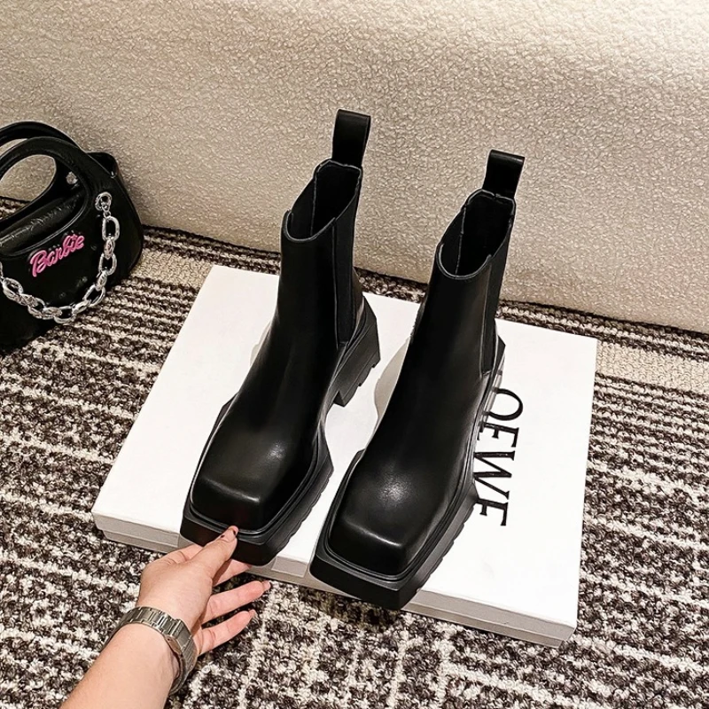 Women Boots Genuine Leather Chunky Heel Square Toe