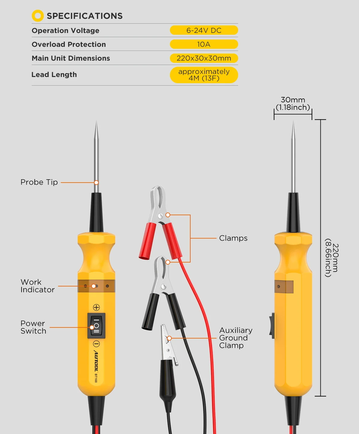 Autool bt160 auto schaltung elektrischer tester leistungs sonde 12 24v diode kontinuierliche sensor messung schnelle position ierung diagnose – Detail 11