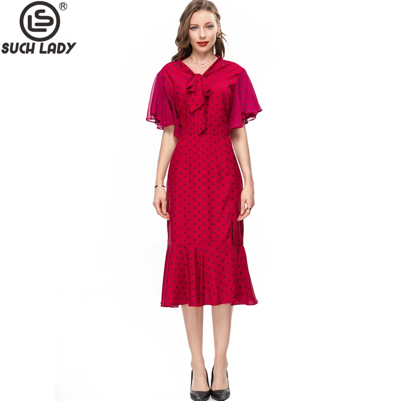 

Women's Runway Dresses Lace Up Collar Short Sleeves Dots Printed Ruffles Designer High Street Mid Vestidos