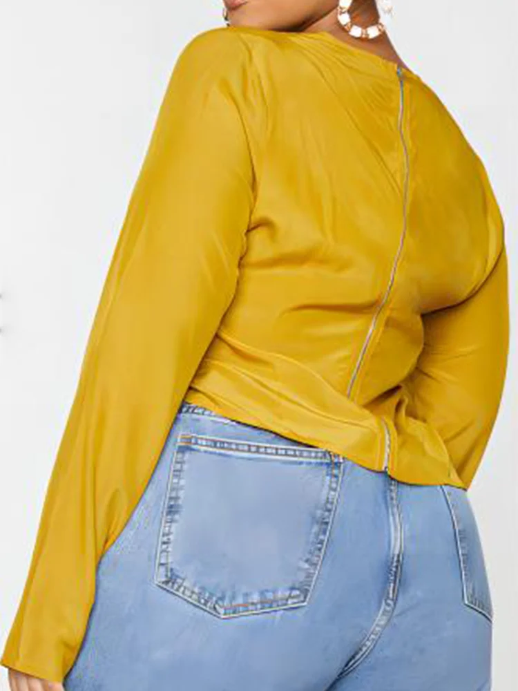 

Autumn/Winter New Plus Size Women's T-Shirt Casual Long Sleeved Front Pleated O-Neck Solid Color Women's Slim Fit Shirt