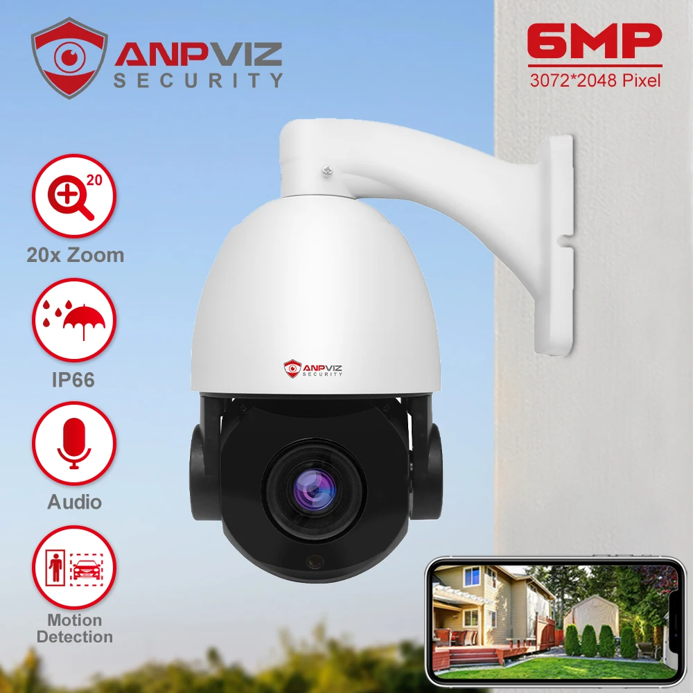Anpviz 6MP IP PTZ Camera Outdoor Security Speed Dome 4.7-94mm 20X Optical Zoom CCTV Surveillance Camera 100m IR Distance IP66 anpviz wifi ptz camera outdoor 5mp security video camera 5x zoom ai human detection support two way audio ip66 camhi app h 265