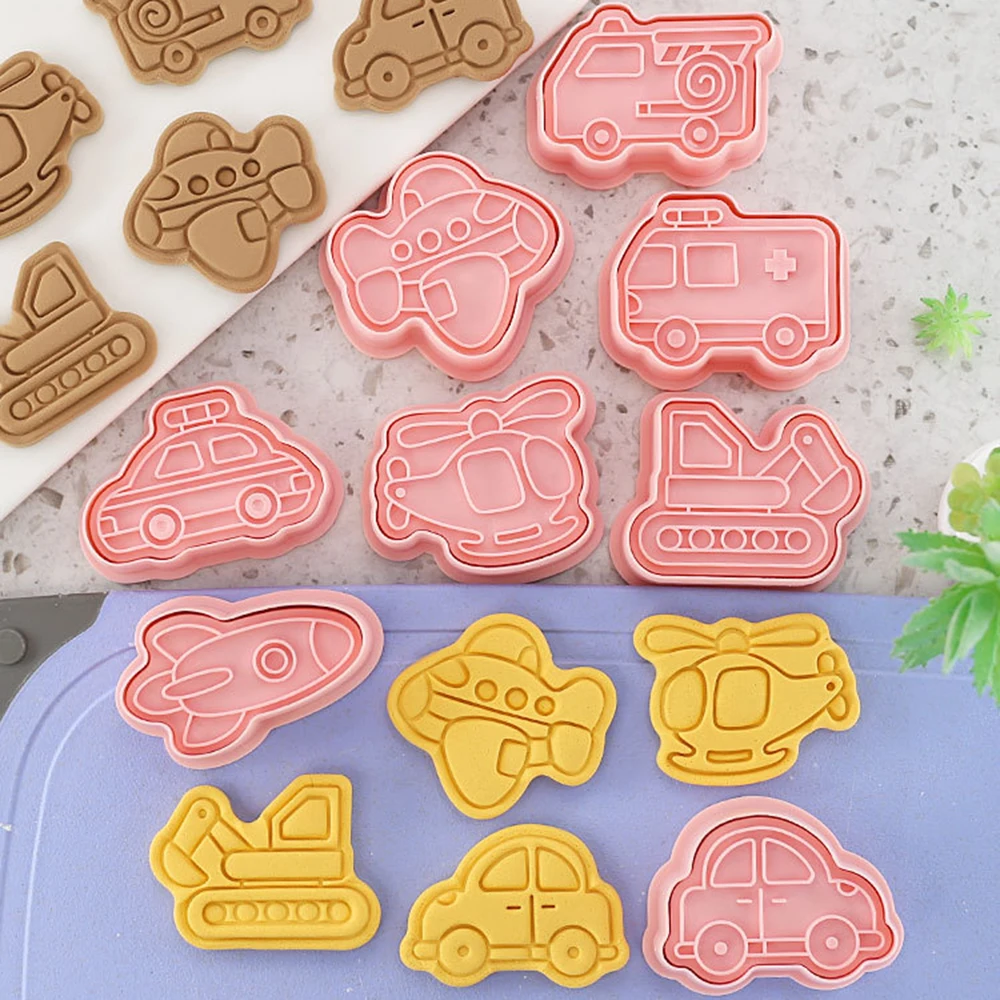 8Pcs Cars Plane Cookie Cutters 3D Vehicle Cookie Molds Plastic Biscuit Embosser Stamp Boy Diy Kitchen Baking Accessories Tools cookie cutter baking mold cookie mould