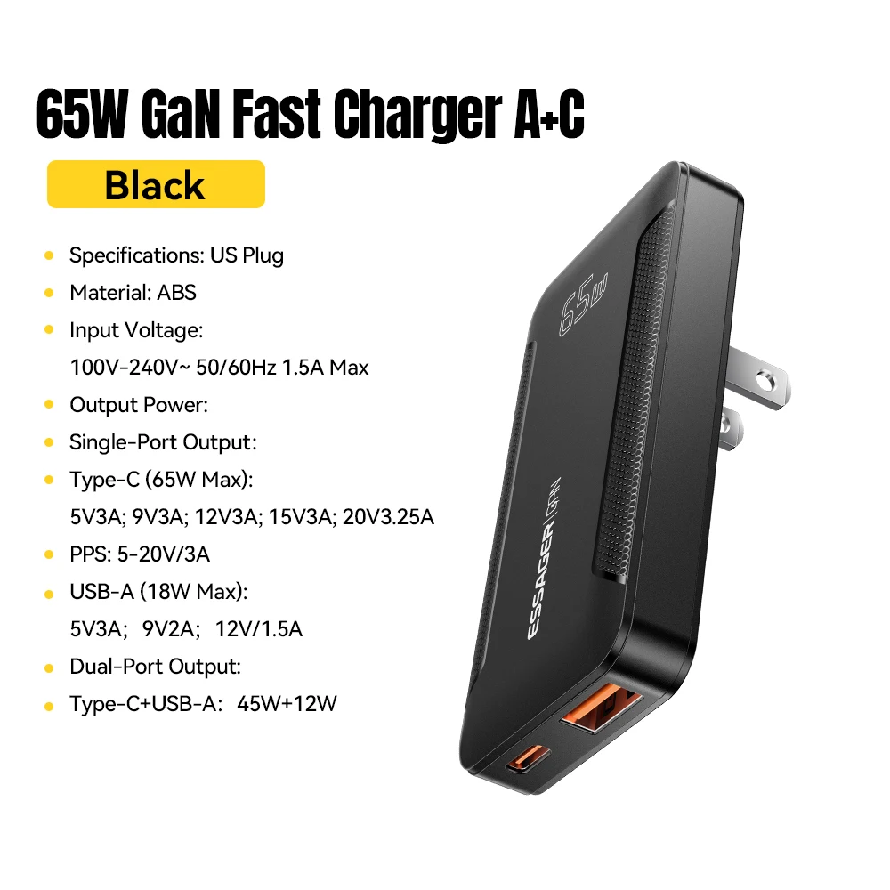 Essager Slim 65W GaN Portable Folding Fast Charger