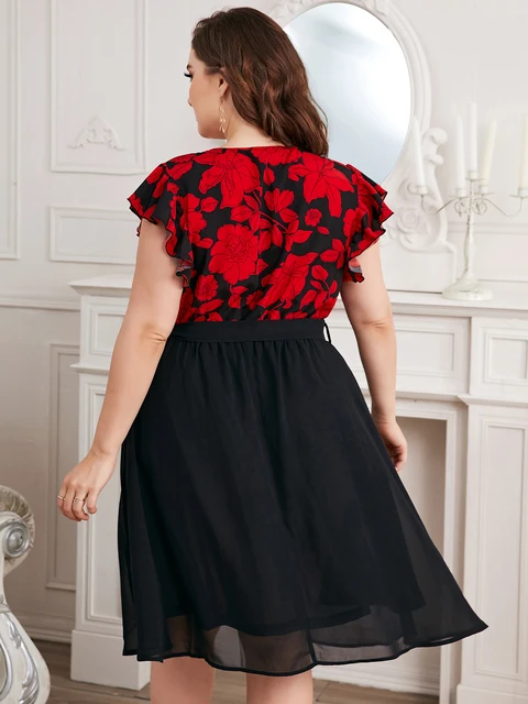 Plus Size Floral Surplice Neck Flutter Sleeve Dress Floral 1XL